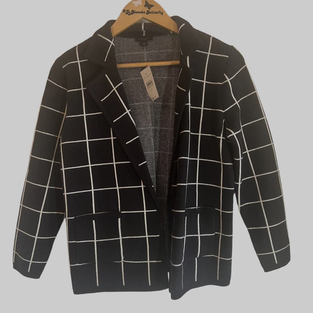 Ann Taylor Dark Romance Corp GOth Black Plaid Blazer Cardigan Sweater S NWT
